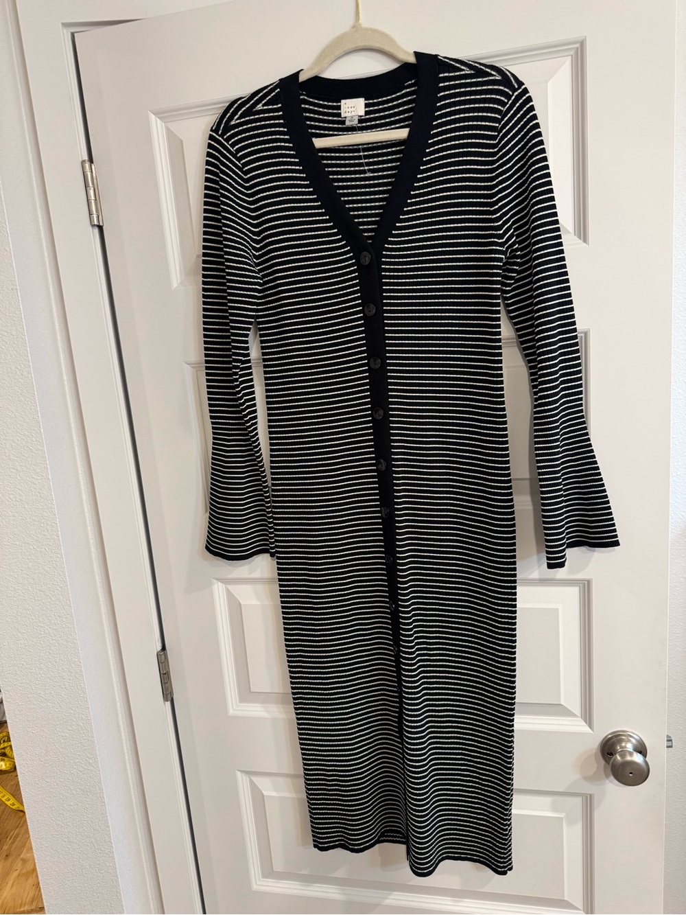 a new day Black and White Striped Button-Front Long Sleeve Midi Dress